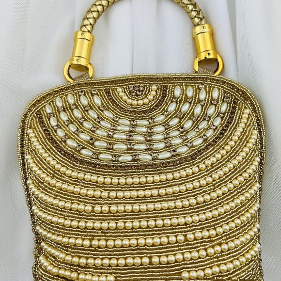 Women Lady Girl Wedding Party Embroidered Gold Handle Clutch Bag Purse - Picture 2 of 8